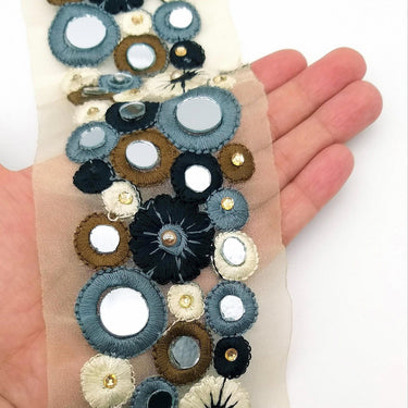 Gold Sheer Tissue Fabric Trim With Grey And Black Circles and Floral Embroidery With Mirror Embellishments, Indian Mirrored Trim